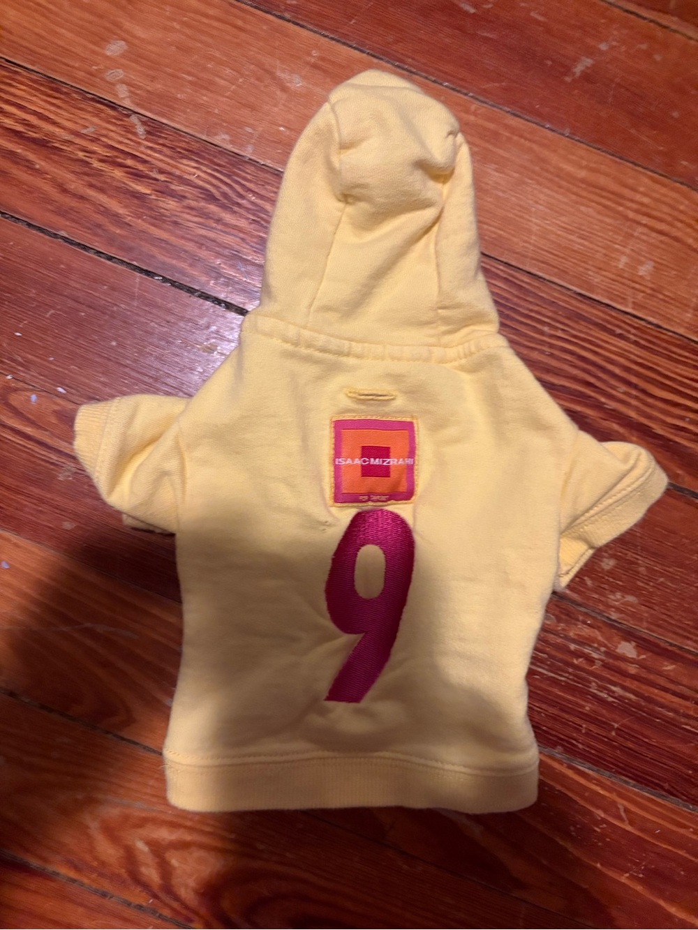 Isaac Mizrahi Yellow Dog Hoodie with Pink Number 9 Patch